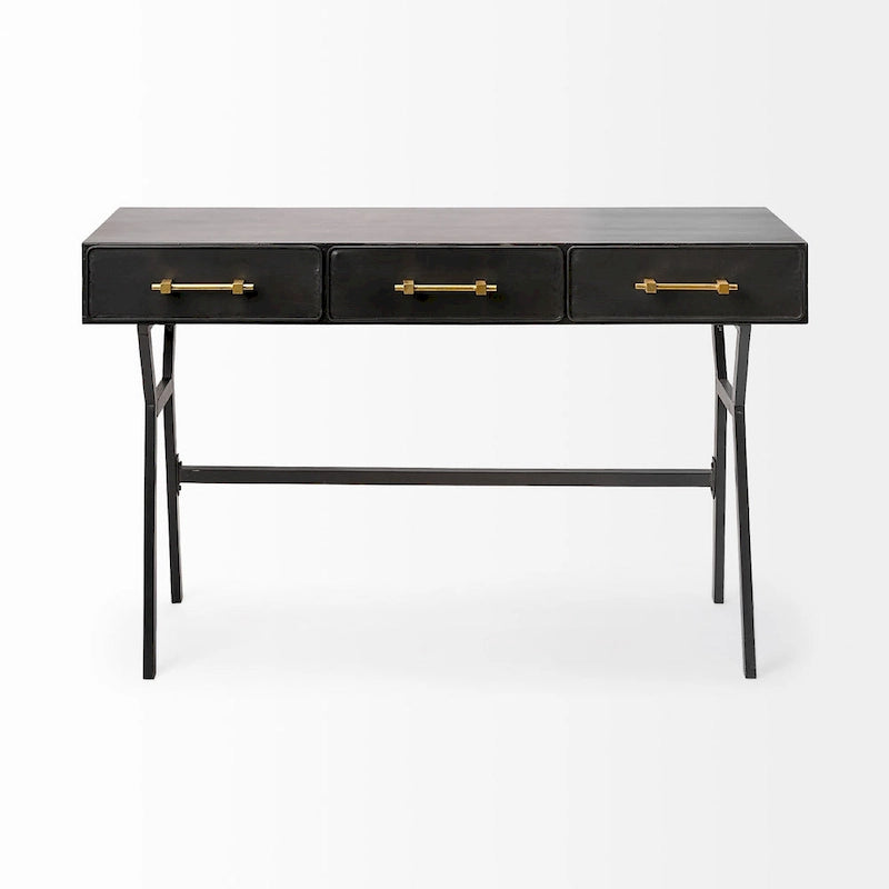 Matte Black Metal Writing Desk with 3 Drawers & Gold-Tone Handles