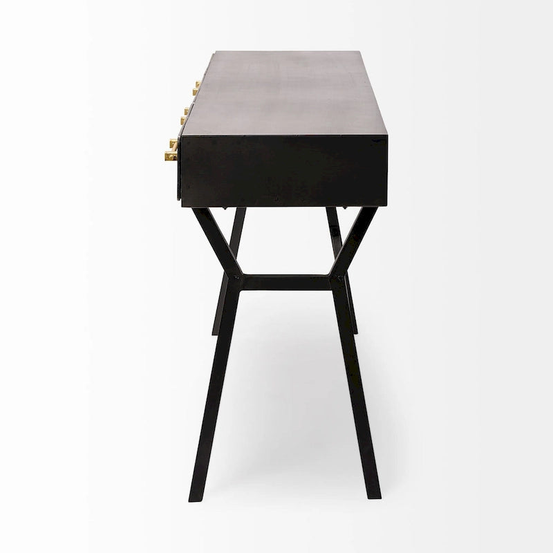 Matte Black Metal Writing Desk with 3 Drawers & Gold-Tone Handles