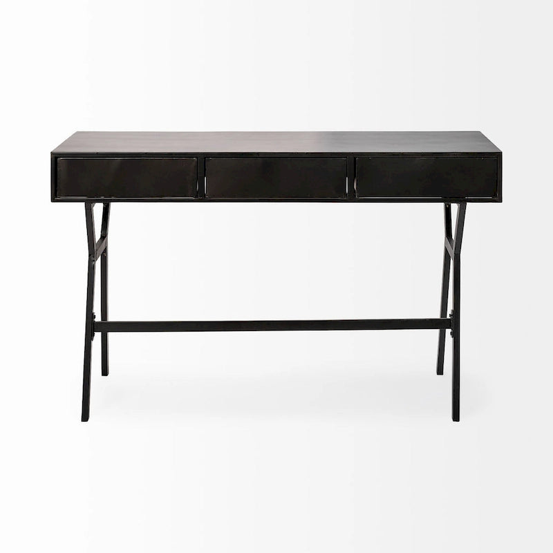 Matte Black Metal Writing Desk with 3 Drawers & Gold-Tone Handles