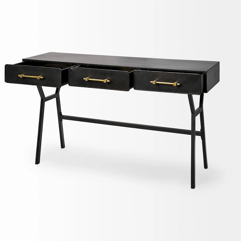 Matte Black Metal Writing Desk with 3 Drawers & Gold-Tone Handles