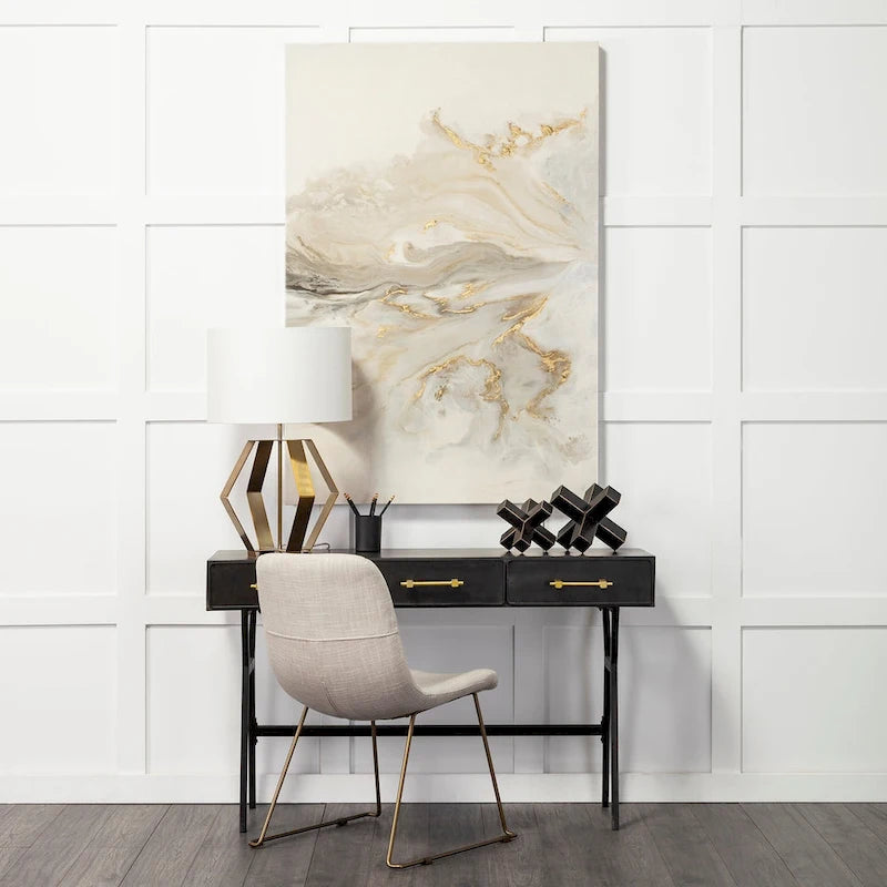 Matte Black Metal Writing Desk with 3 Drawers & Gold-Tone Handles