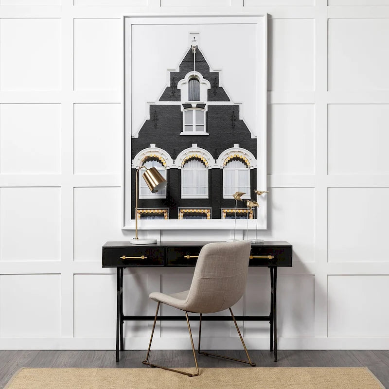 Matte Black Metal Writing Desk with 3 Drawers & Gold-Tone Handles