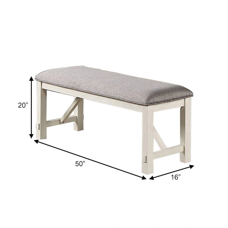 50-Inch Farmhouse Dining Bench with Padded Seat, Rubberwood Frame in Gray and White