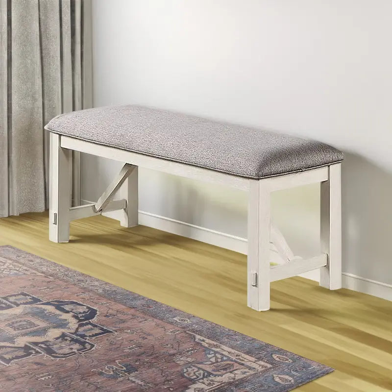 50-Inch Farmhouse Dining Bench with Padded Seat, Rubberwood Frame in Gray and White