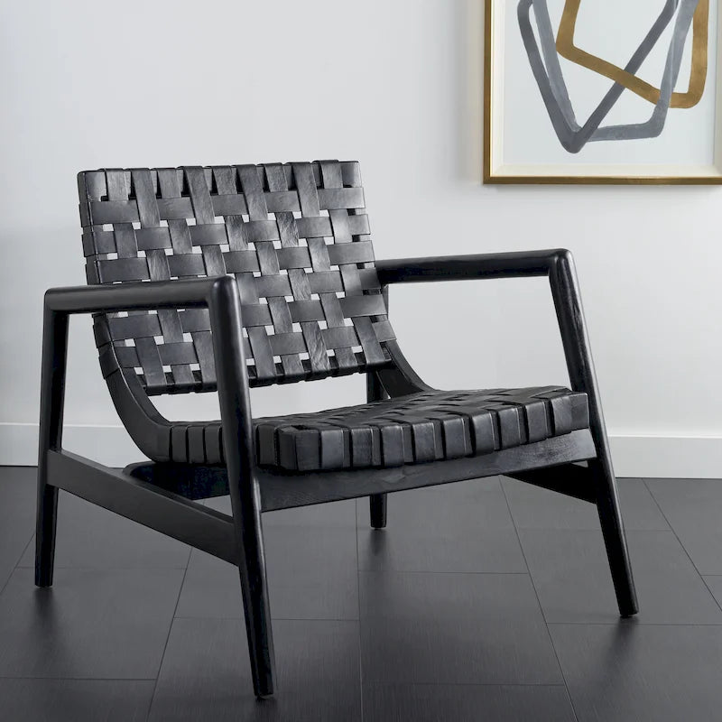 Retro Scandinavian Leather Woven Accent Chair with Natural Wood Frame