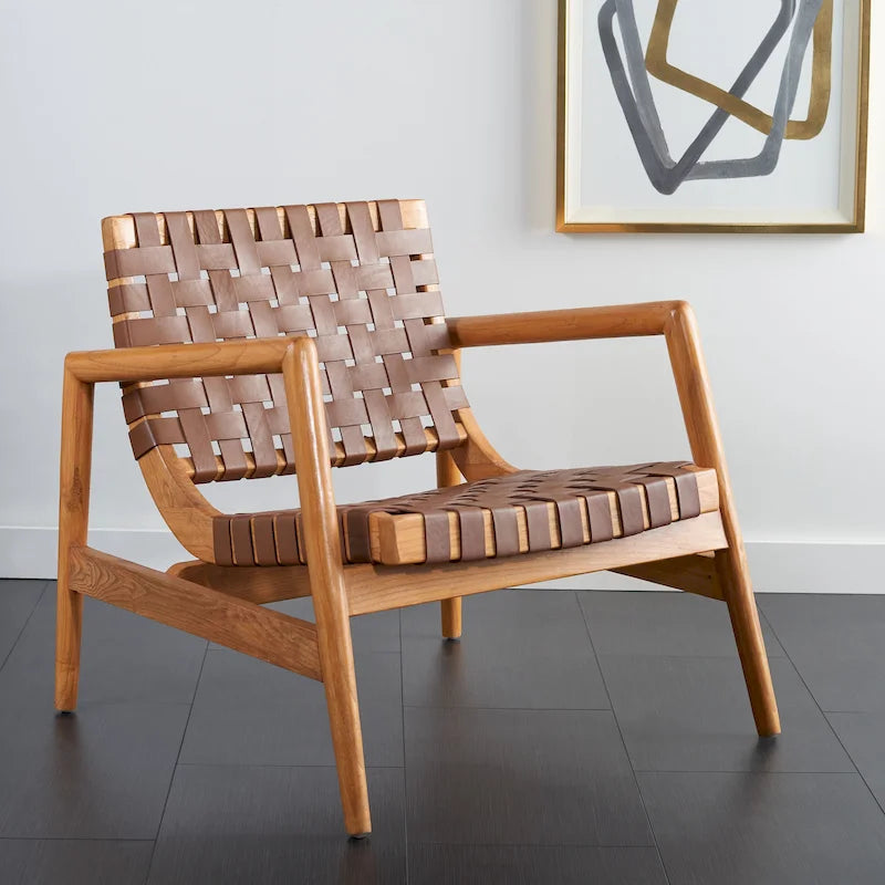 Retro Scandinavian Leather Woven Accent Chair with Natural Wood Frame