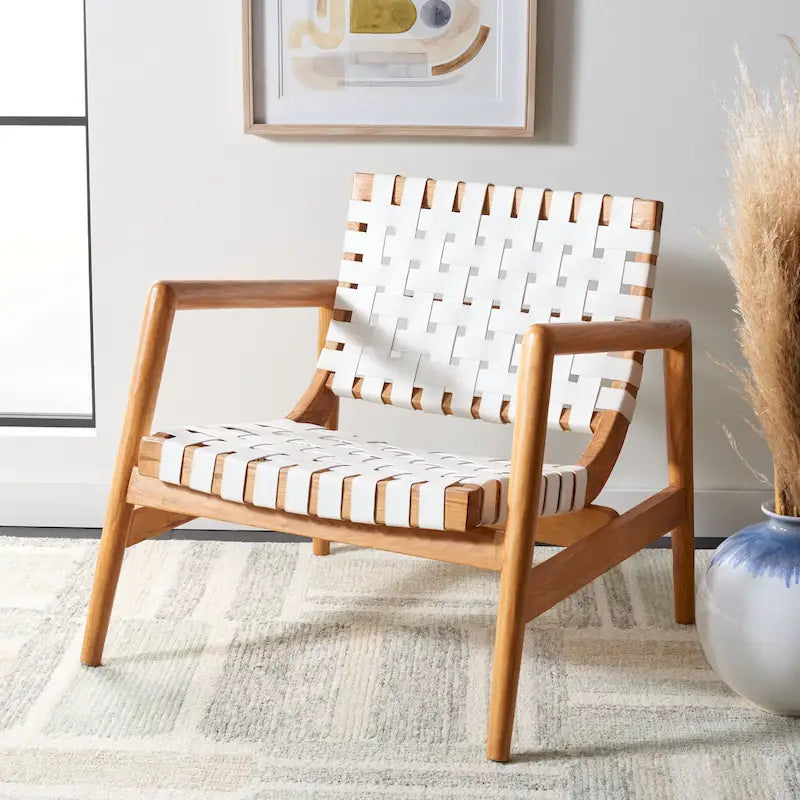Retro Scandinavian Leather Woven Accent Chair with Natural Wood Frame