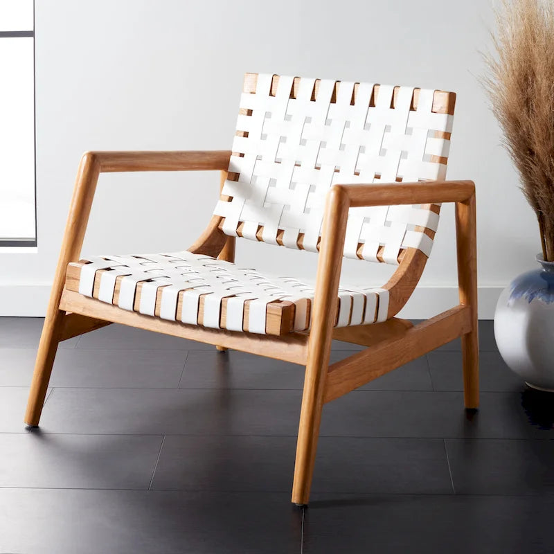 Retro Scandinavian Leather Woven Accent Chair with Natural Wood Frame