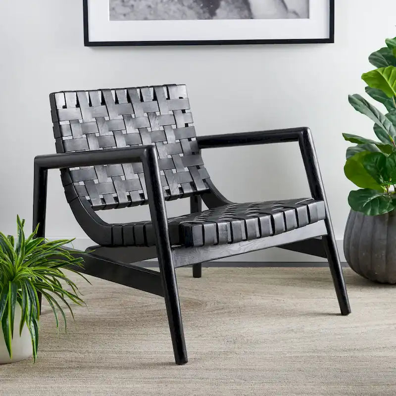 Retro Scandinavian Leather Woven Accent Chair with Natural Wood Frame