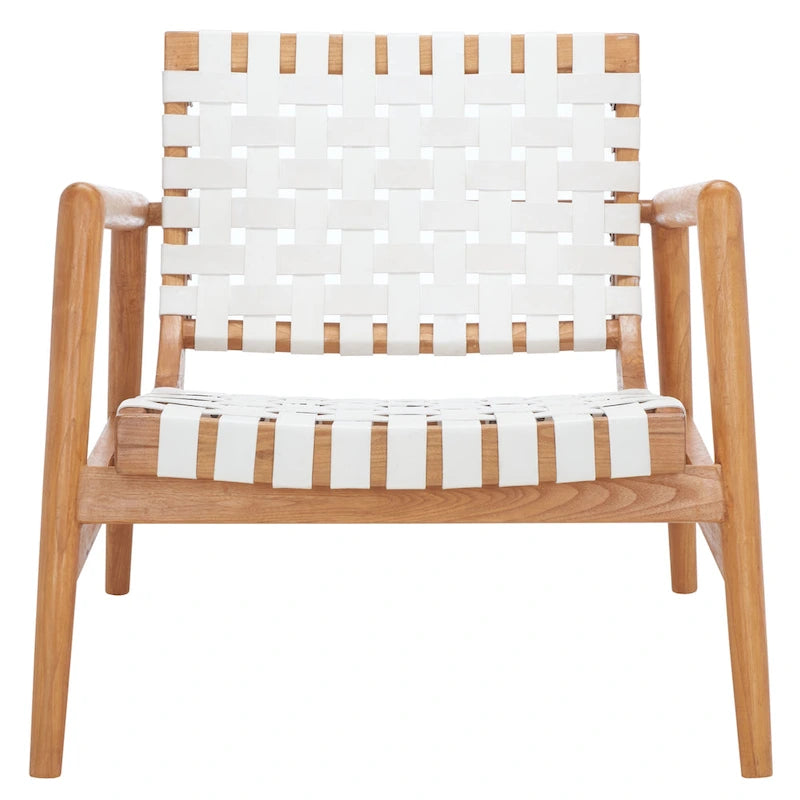 Retro Scandinavian Leather Woven Accent Chair with Natural Wood Frame