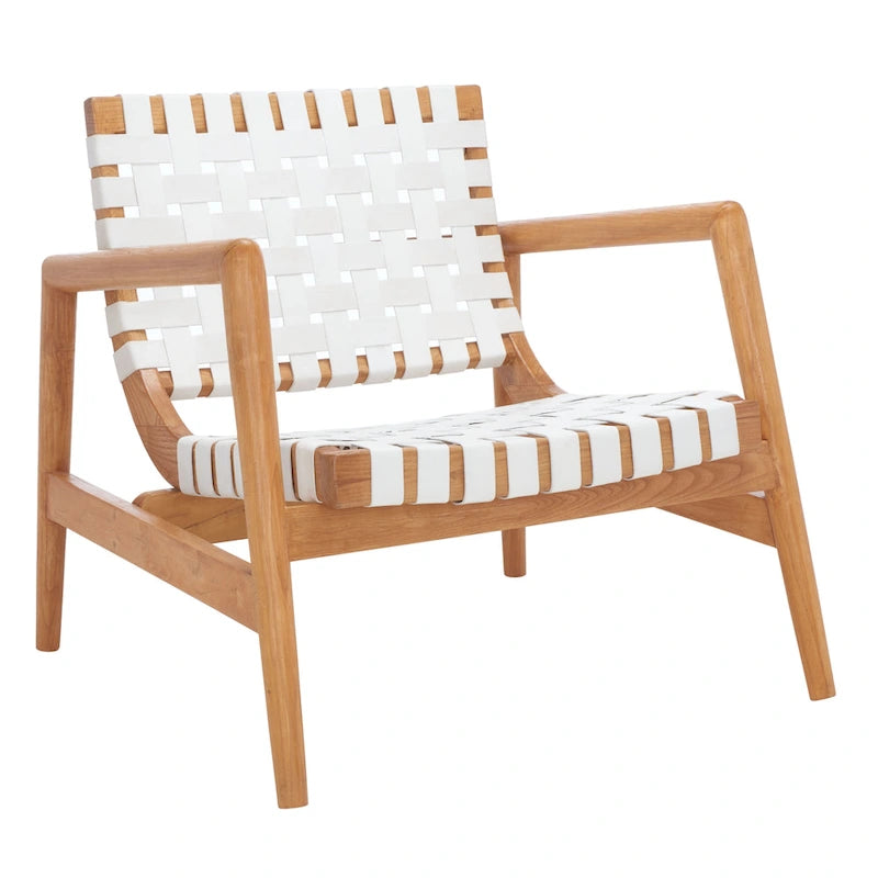 Retro Scandinavian Leather Woven Accent Chair with Natural Wood Frame