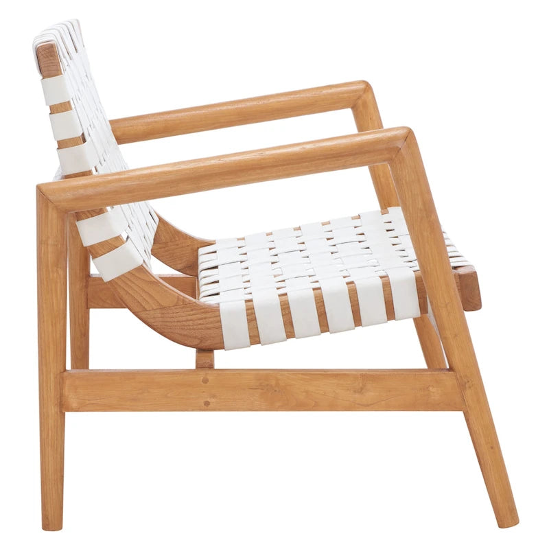 Retro Scandinavian Leather Woven Accent Chair with Natural Wood Frame
