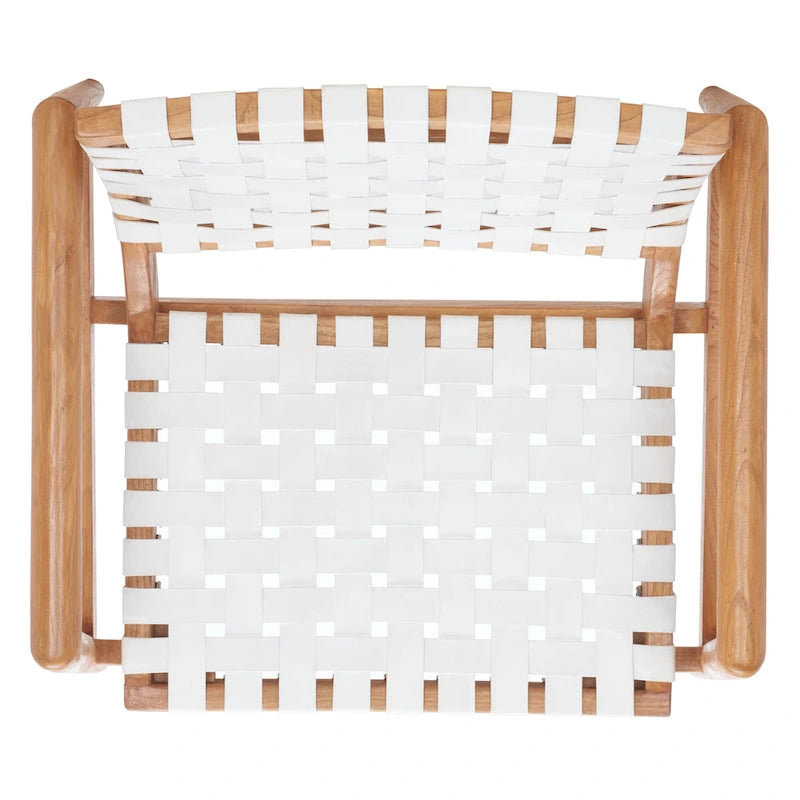 Retro Scandinavian Leather Woven Accent Chair with Natural Wood Frame
