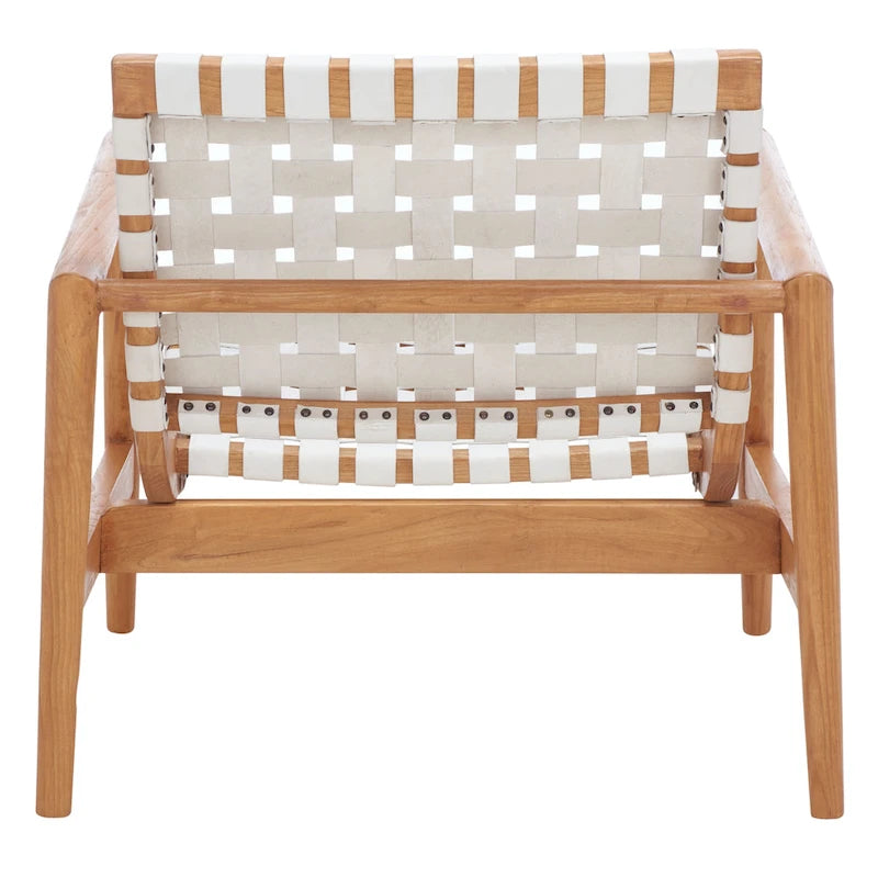 Retro Scandinavian Leather Woven Accent Chair with Natural Wood Frame