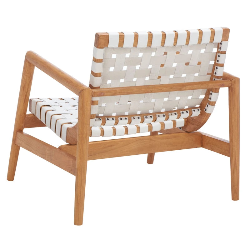Retro Scandinavian Leather Woven Accent Chair with Natural Wood Frame