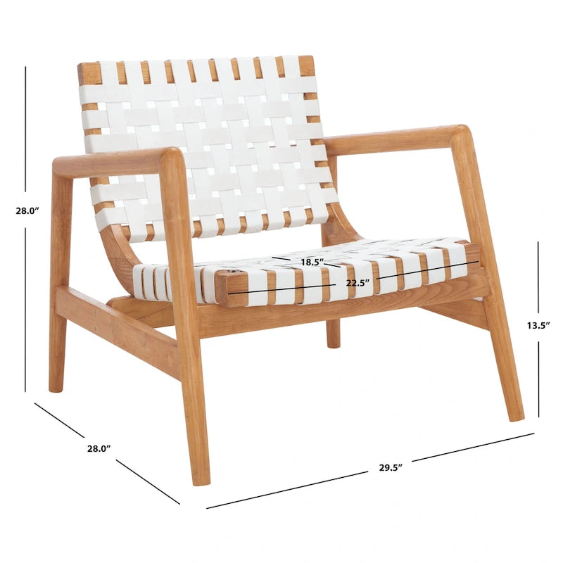 Retro Scandinavian Leather Woven Accent Chair with Natural Wood Frame
