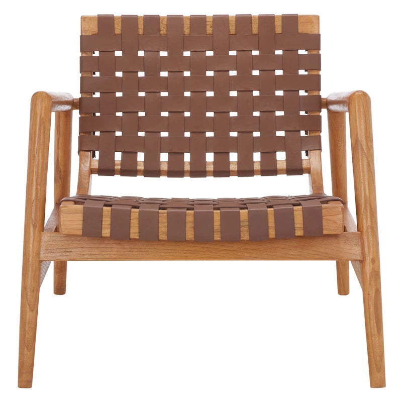 Retro Scandinavian Leather Woven Accent Chair with Natural Wood Frame