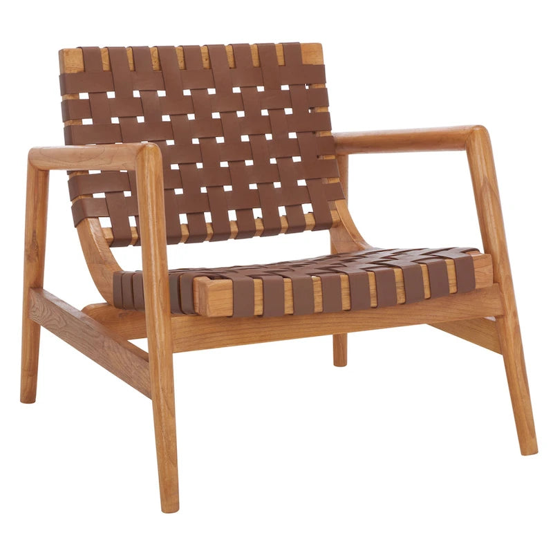 Retro Scandinavian Leather Woven Accent Chair with Natural Wood Frame