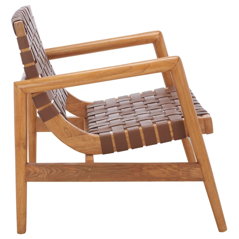 Retro Scandinavian Leather Woven Accent Chair with Natural Wood Frame
