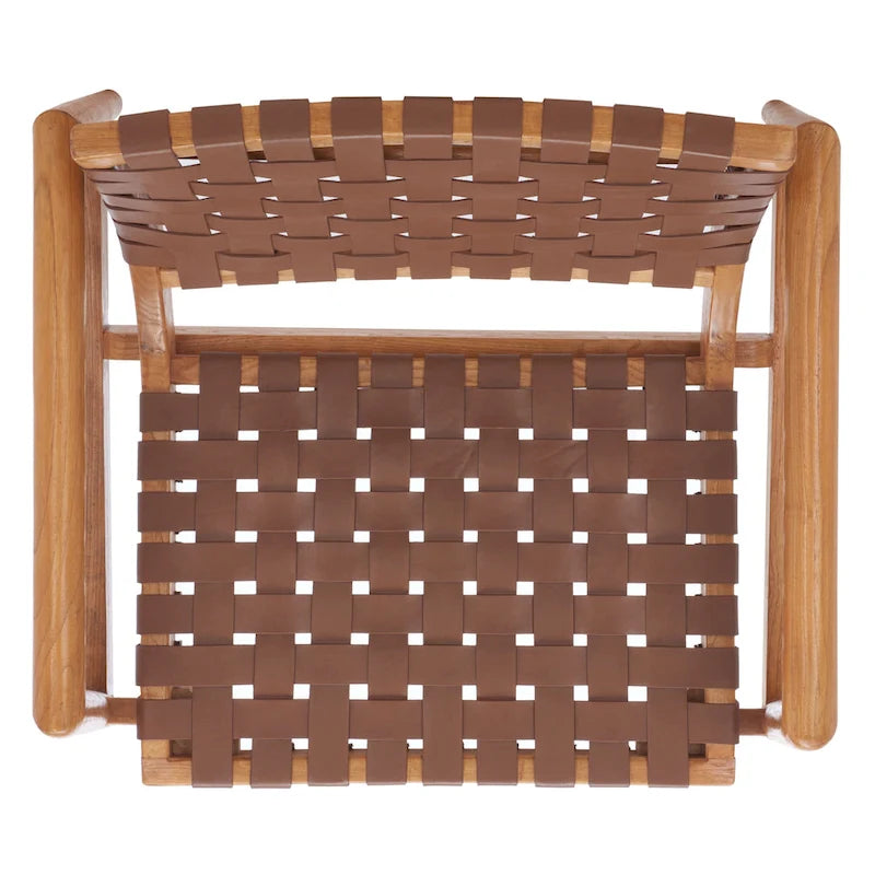 Retro Scandinavian Leather Woven Accent Chair with Natural Wood Frame