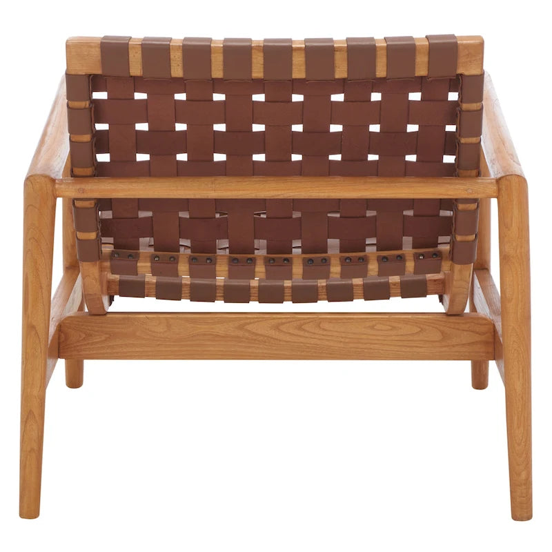 Retro Scandinavian Leather Woven Accent Chair with Natural Wood Frame