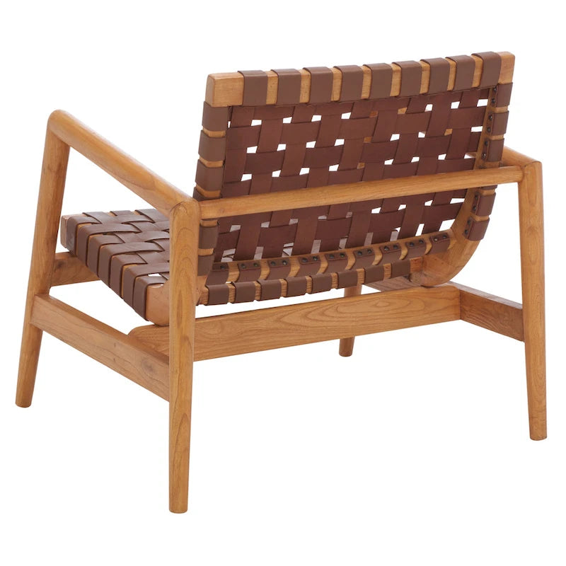 Retro Scandinavian Leather Woven Accent Chair with Natural Wood Frame