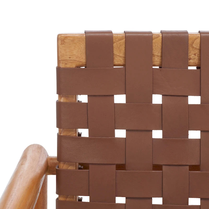 Retro Scandinavian Leather Woven Accent Chair with Natural Wood Frame
