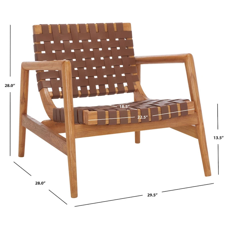 Retro Scandinavian Leather Woven Accent Chair with Natural Wood Frame