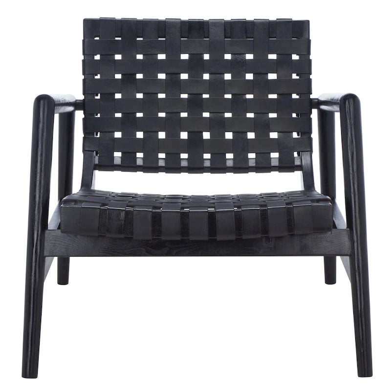 Retro Scandinavian Leather Woven Accent Chair with Natural Wood Frame