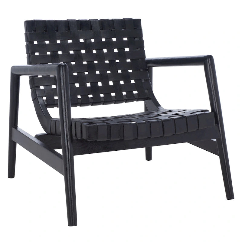 Retro Scandinavian Leather Woven Accent Chair with Natural Wood Frame