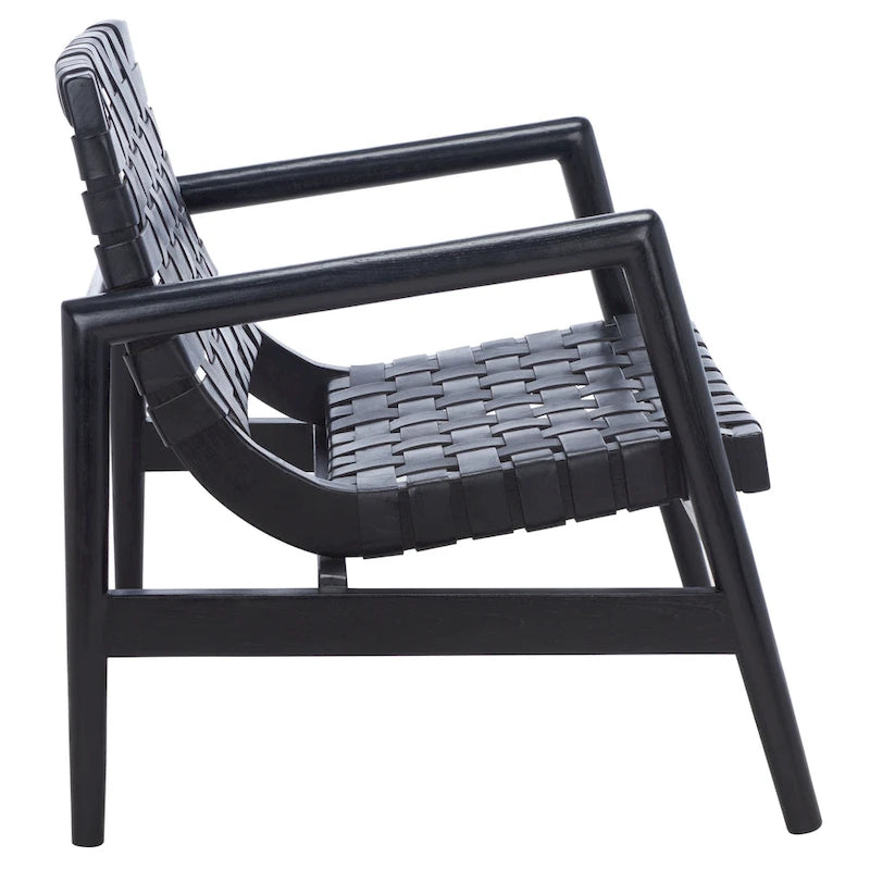 Retro Scandinavian Leather Woven Accent Chair with Natural Wood Frame