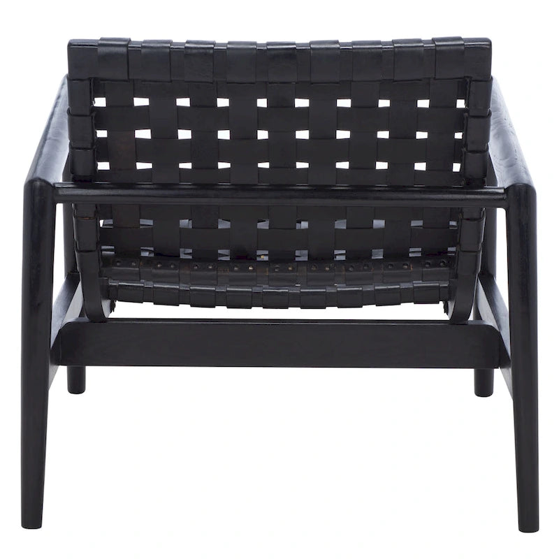 Retro Scandinavian Leather Woven Accent Chair with Natural Wood Frame