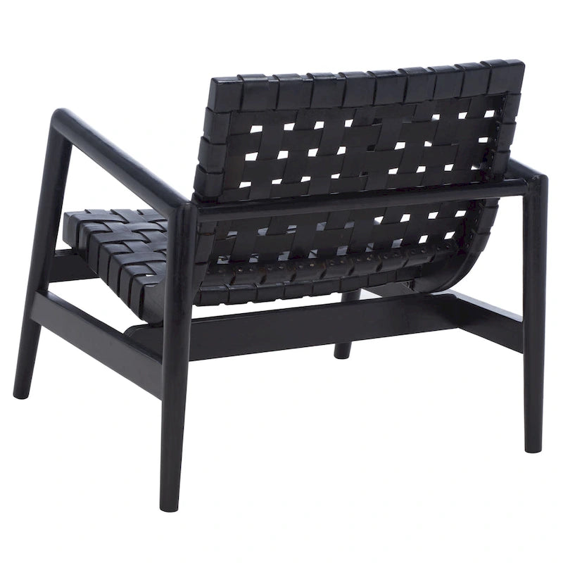 Retro Scandinavian Leather Woven Accent Chair with Natural Wood Frame