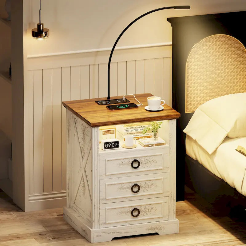 3-Drawer Nightstand with LED Sensor Light, Reading Lamp, Wireless Charging and USB Ports
