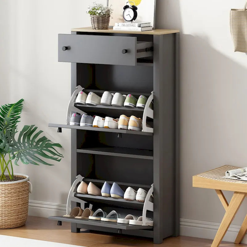 Flip Drawer Shoe Cabinet with Wood Grain Top & Adjustable Panels
