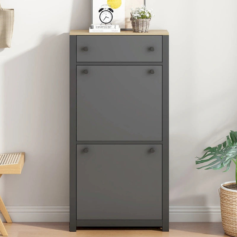 Flip Drawer Shoe Cabinet with Wood Grain Top & Adjustable Panels