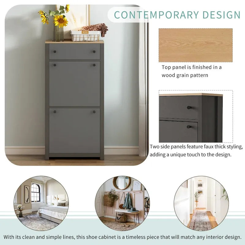 Flip Drawer Shoe Cabinet with Wood Grain Top & Adjustable Panels