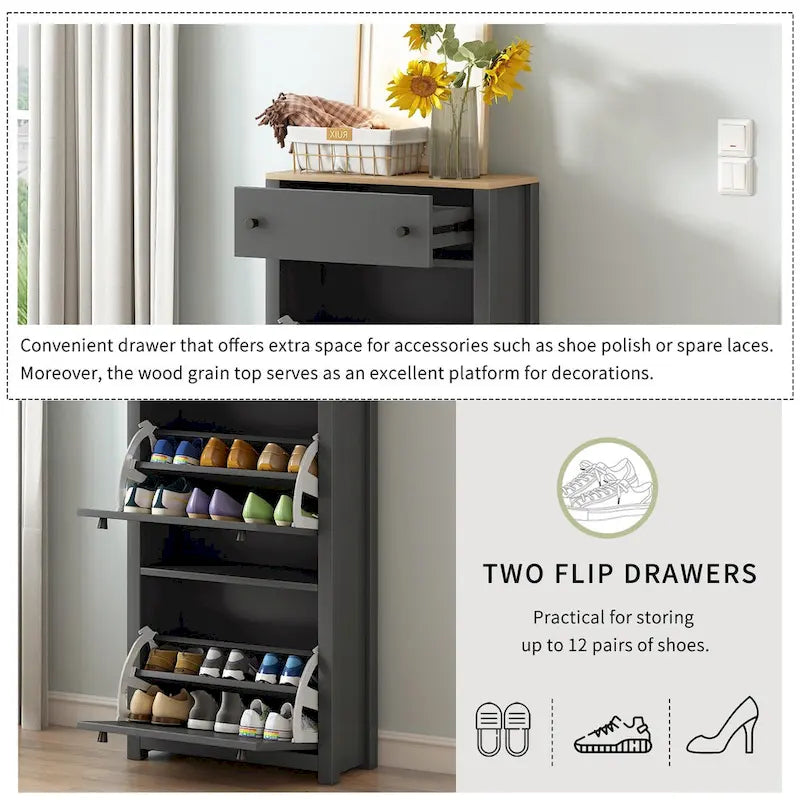 Flip Drawer Shoe Cabinet with Wood Grain Top & Adjustable Panels