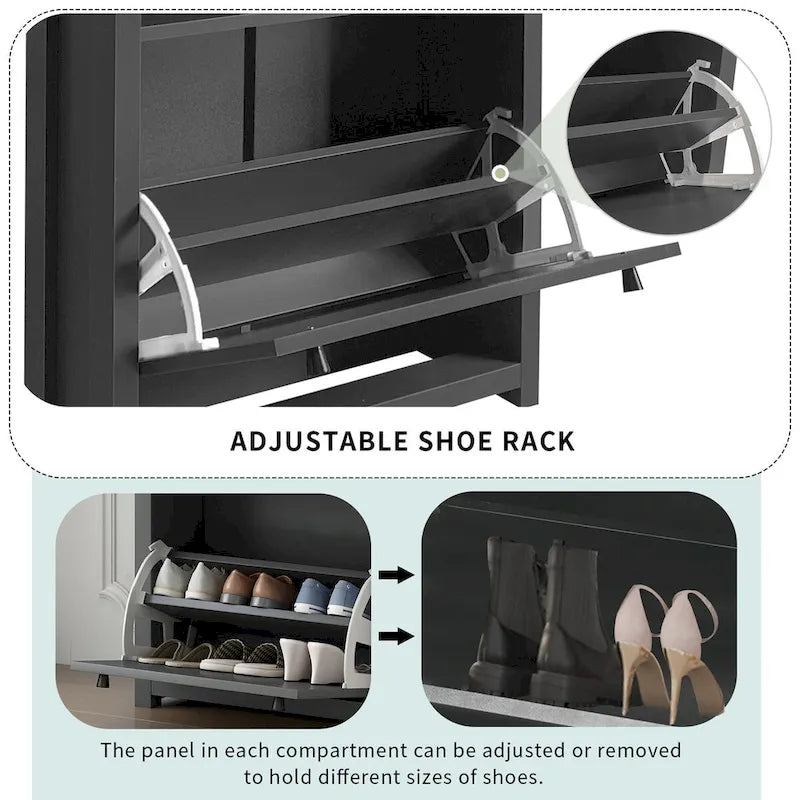 Flip Drawer Shoe Cabinet with Wood Grain Top & Adjustable Panels