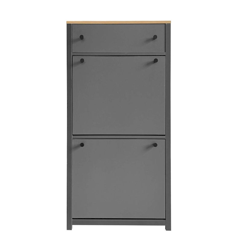 Flip Drawer Shoe Cabinet with Wood Grain Top & Adjustable Panels