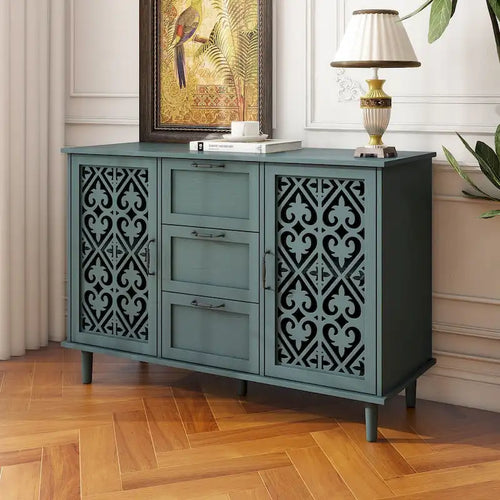 2-Door 3-Drawer Storage Cabinet with Carved Panel & Solid Wood Feet