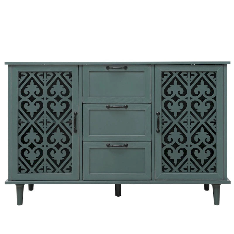 2-Door 3-Drawer Storage Cabinet with Carved Panel & Solid Wood Feet