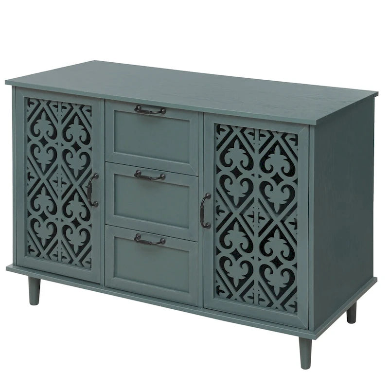2-Door 3-Drawer Storage Cabinet with Carved Panel & Solid Wood Feet