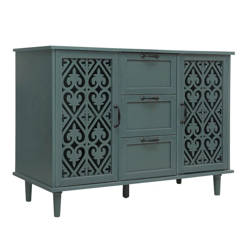 2-Door 3-Drawer Storage Cabinet with Carved Panel & Solid Wood Feet