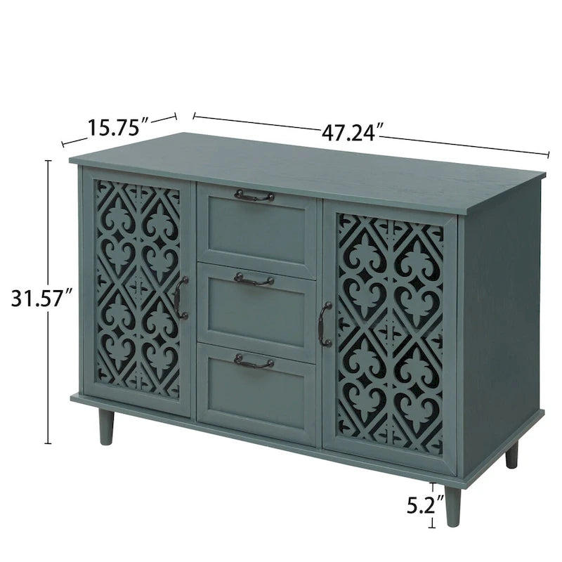 2-Door 3-Drawer Storage Cabinet with Carved Panel & Solid Wood Feet