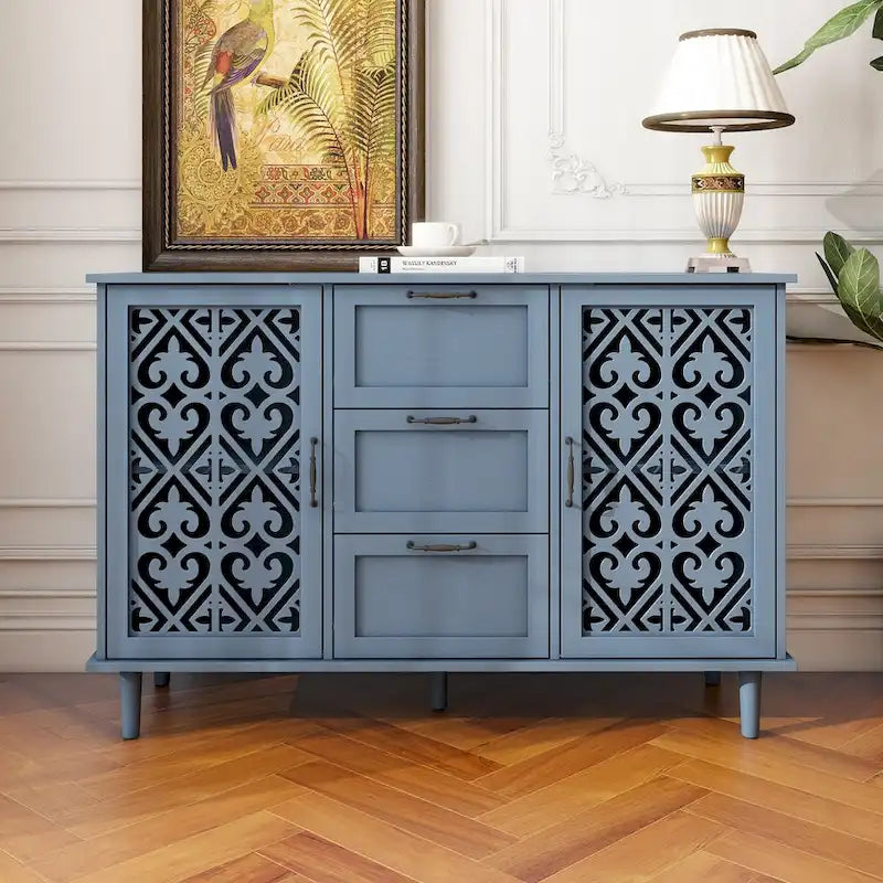 2-Door 3-Drawer Storage Cabinet with Carved Panel & Solid Wood Feet