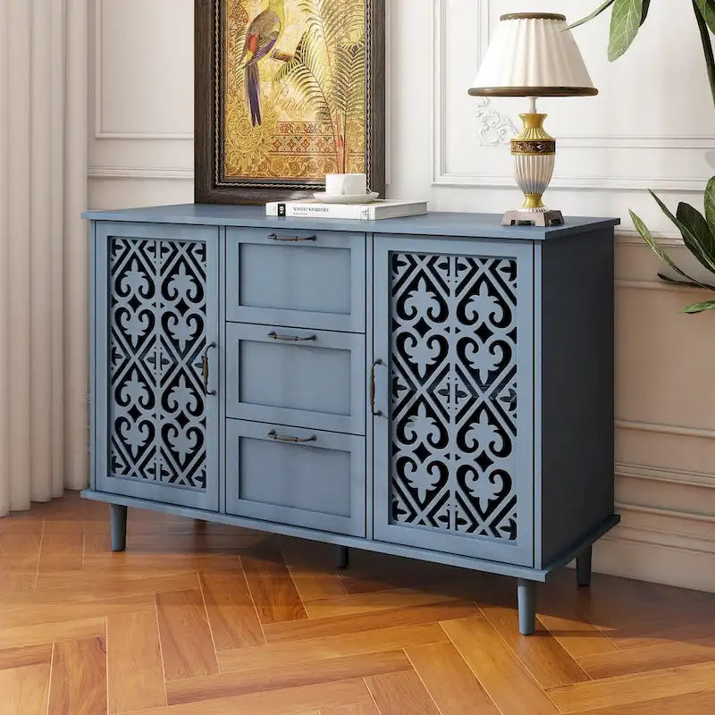 2-Door 3-Drawer Storage Cabinet with Carved Panel & Solid Wood Feet