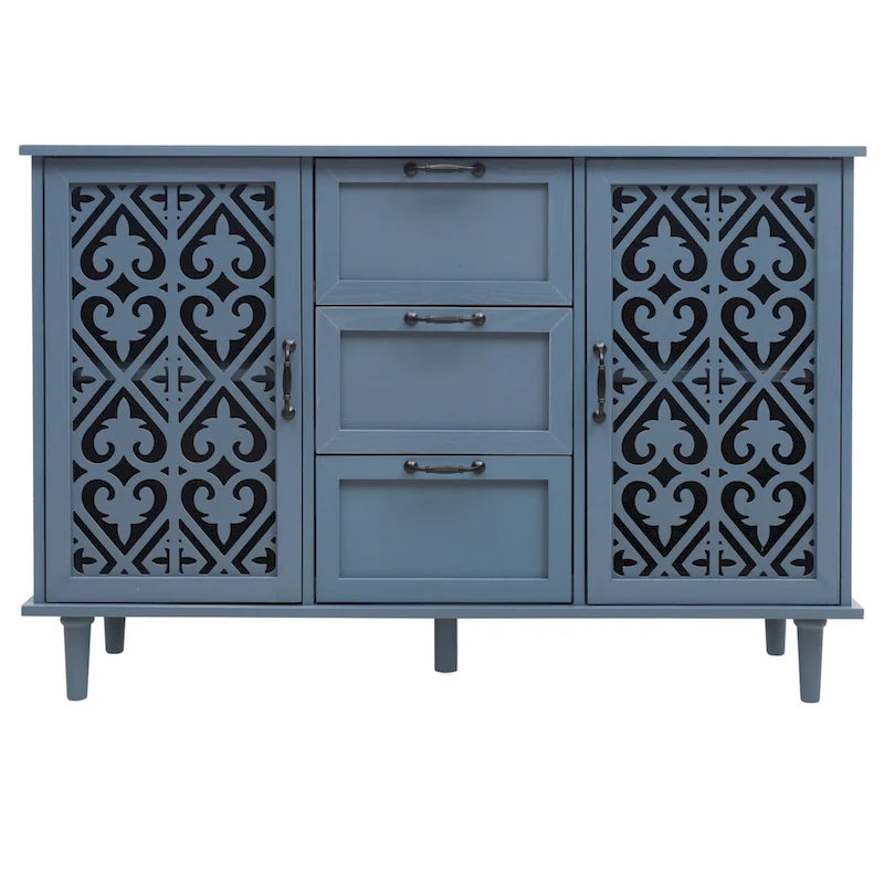 2-Door 3-Drawer Storage Cabinet with Carved Panel & Solid Wood Feet