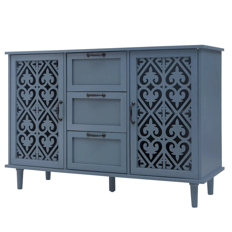2-Door 3-Drawer Storage Cabinet with Carved Panel & Solid Wood Feet