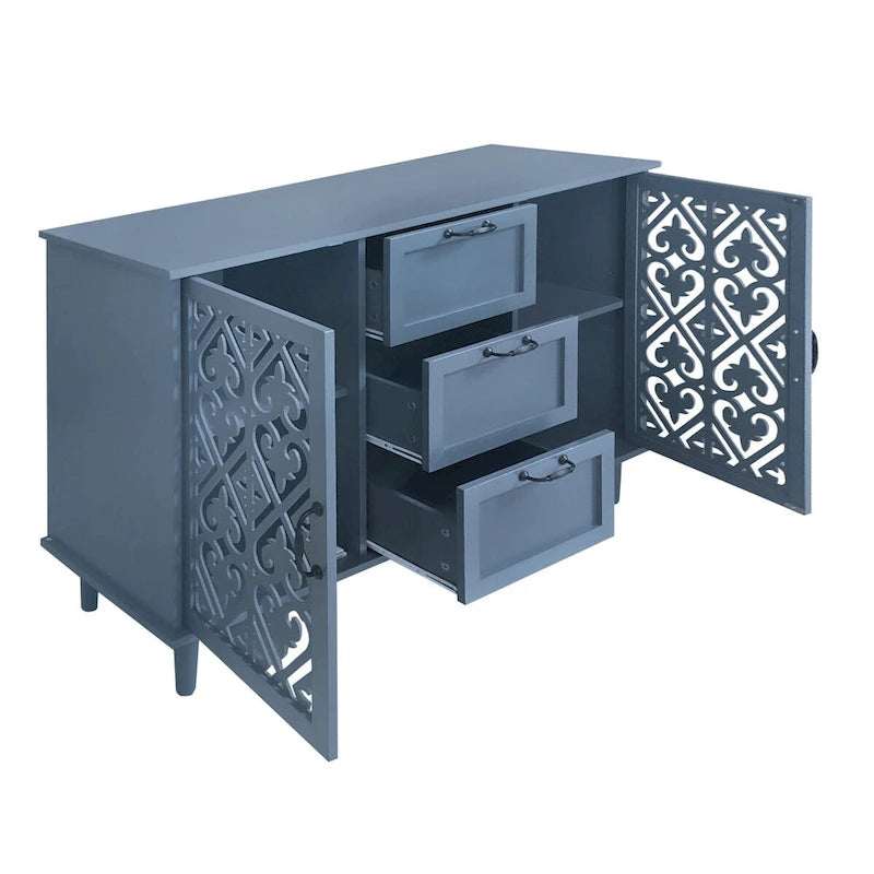 2-Door 3-Drawer Storage Cabinet with Carved Panel & Solid Wood Feet